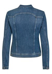 Chaqueta vaquera, azul oscuro, diseño entallado con mangas largas, cuello y detalles de costuras. Cuenta con botones metálicos y un corte clásico.