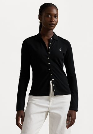 Black long-sleeve polo shirt with a collar, featuring a row of white buttons and a small white logo on the left chest.