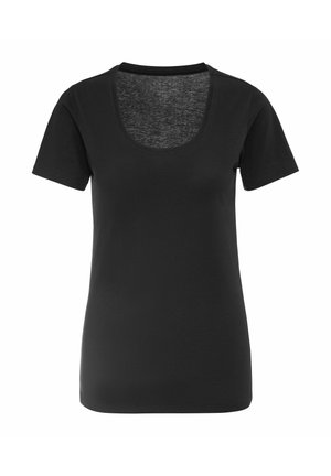 Black short-sleeve T-shirt with a scoop neckline. Made of smooth fabric with a comfortable fit, featuring a simple design without patterns.