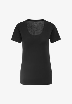 Schwarzes kurzärmeliges T-Shirt mit Rundhalsausschnitt. Hergestellt aus glattem Stoff mit bequemer Passform, das ein einfaches Design ohne Muster aufweist.