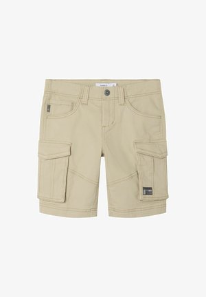 Pantaloni cargo beige in cotone, con due tasche laterali e una tasca sul retro, cuciture in vista e chiusura a bottone.