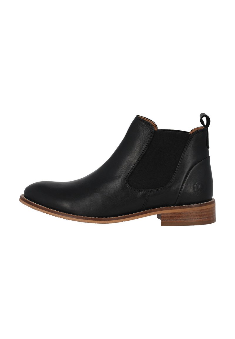Botas Chelsea negras de cuero con paneles laterales elásticos, punta redonda y tacón de madera marrón. Presentan una tira en la parte trasera.