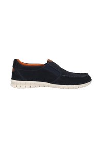 Marineblaues Wildleder-Slipper mit gestickten Details, kontrastierenden sandfarbenen Akzenten und einer weißen Gummisohle mit rutschfestem Profil.