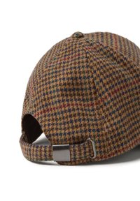 Brown tweed cap with a houndstooth pattern in green and burgundy. Adjustable strap with silver hardware at the back.
