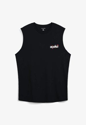 Top in cotone senza maniche di colore nero, con scollo rotondo e grafica floreale "AMATI" in rosso e verde sul petto sinistro. Taglia: XL.