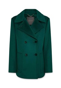 Cappotto di lana verde scuro doppiopetto con ampi risvolti, bottoni neri, due tasche frontali e un'etichetta del marchio all'interno del colletto.
