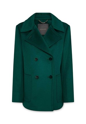 Cappotto di lana verde scuro doppiopetto con ampi risvolti, bottoni neri, due tasche frontali e un'etichetta del marchio all'interno del colletto.