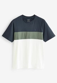 Kortærmet t-shirt med en navy øverste sektion, olivengrøn midterstribe og hvid nederste del; lavet af blødt bomuld, rund halsudskæring.