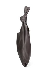 Borsa in pelle grigia con manico superiore annodato, superficie testurizzata e silhouette morbida; il design è minimalista e funzionale.