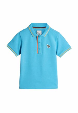 Blaues Polo-Shirt aus Baumwolle mit Kragen, kurzen Ärmeln und mehrfarbigen gestreiften Akzenten. Verfügt über ein gesticktes Tierlogo auf der Brust.