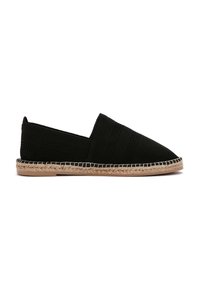 Zwarte, geweven espadrille instap schoen met een jute zool en contrasterende witte stiksel langs de rand.