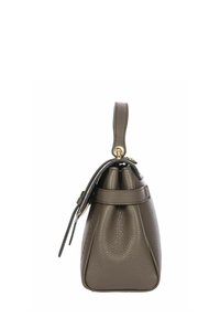 Sac à main en cuir marron avec une forme arrondie, une surface texturée, une courte anse et des détails en métal doré. Présente un design de haut resserré.