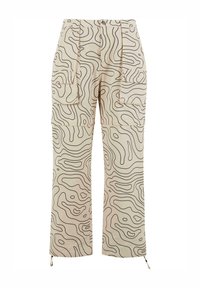 Beige cargo pants with black wave pattern, two side pockets, and drawstring waist. Material appears lightweight and textured.