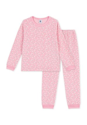 Pinkes langärmliges Pyjama-Set mit kleinem weißem und rotem Blumenmuster, mit gerippten Bündchen und elastischem Bund an der Hose.