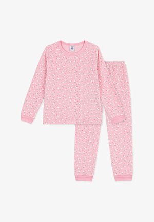 Pinkes langärmliges Pyjama-Set mit kleinem weißem und rotem Blumenmuster, mit gerippten Bündchen und elastischem Bund an der Hose.