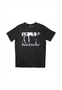 Black cotton t-shirt featuring a large white graphic print of six figures and the text "Good Charlotte" in bold font. Classic crew neck design.