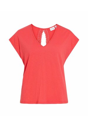 Blusa coral de manga corta con escote en V con ribete de encaje y abertura de ojo de cerradura en la espalda, corte relajado y tejido ligero.