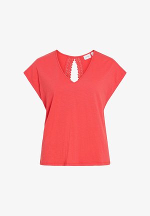 Blusa coral de manga corta con escote en V con ribete de encaje y abertura de ojo de cerradura en la espalda, corte relajado y tejido ligero.