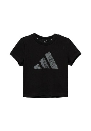 Czarny t-shirt z krótkim rękawem z dużym szarym logo Adidas z subtelnym wzorem w panterkę na przodzie.