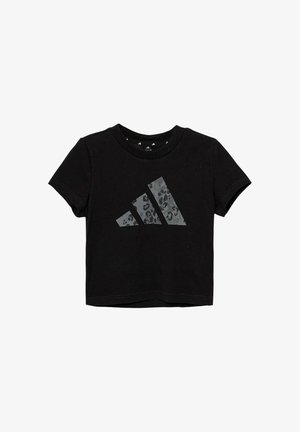 Czarny t-shirt z krótkim rękawem z dużym szarym logo Adidas z subtelnym wzorem w panterkę na przodzie.