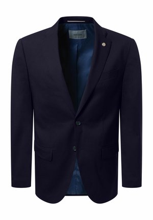 Marineblaues Herren-Sakko mit zwei Knöpfen, Stegkragen, vorderen Klappentaschen und dunkelblauem Satinfutter.