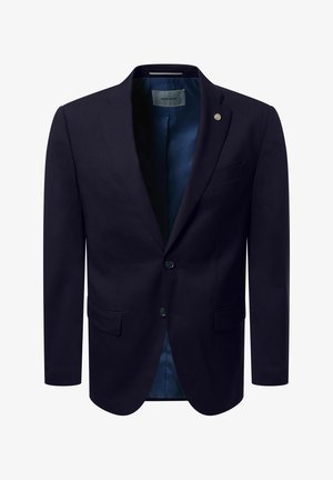 Marineblaues Herren-Sakko mit zwei Knöpfen, Stegkragen, vorderen Klappentaschen und dunkelblauem Satinfutter.