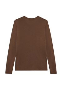 Camicia a maniche lunghe in cotone misto di colore marrone scuro, con scollatura rotonda e una trama liscia, senza motivi o decorazioni visibili.
