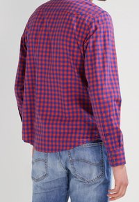 Person, die ein rot-blau kariertes Hemd mit langen Ärmeln und ausgewaschene blaue Jeans trägt, von hinten vor einem einfarbigen Hintergrund dargestellt.