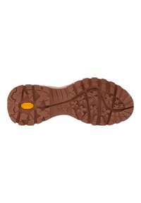 Braune Gummisohle mit strukturiertem Muster, das aus unterschiedlichen Formen und Rillen besteht, einschließlich eines zentralen gelben Vibram-Logos.