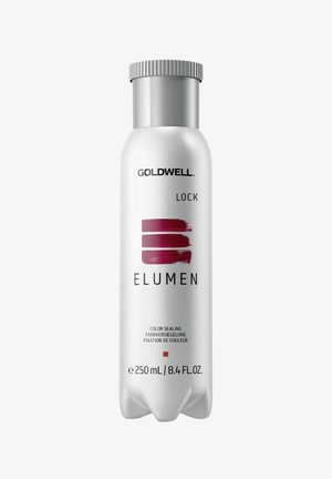 Goldwell Elumen Lock bottle, 250 mL, features a metallic silver cap, white body, bold red and black text, and elegant curved design.