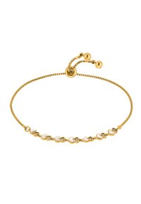 Bracciale in oro composto da piccoli anelli a forma di cuore con dettagli bianchi e elementi decorativi, regolabile con una chiusura a nodo scorrevole.