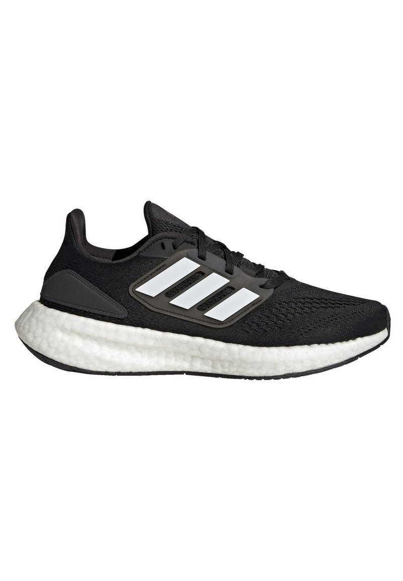 Czarne sportowe buty z teksturowaną cholewką z dzianiny, z białymi akcentami w postaci trzech pasków oraz amortyzującą białą podeszwą środkową. Podeszwa z gumy.