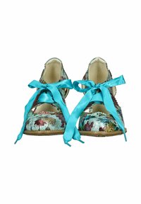 Scarpe con tacco alto a fantasia floreale realizzate con un tessuto multicolore testurizzato. Presentano lunghe nastri in raso turchese legati davanti.