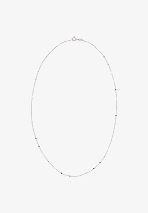 Colier din lanț argintiu cu mărgele negre și argintii alternante, prevăzut cu un sistem de închidere cu clemă. Design simplu și textură netedă.