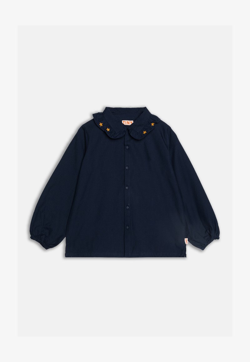 Navy blue long-sleeve blouse with a ruffled collar, featuring yellow star embroidery and button closure down the front. Made from textured fabric.