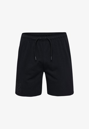 Shorts actifs noirs en tissu doux, dotés d'une taille élastique avec cordon de serrage et d'un motif chevron subtil sur la jambe gauche.