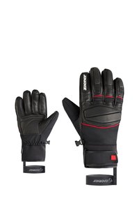 Black winter gloves with leather palm and textured accents. Features a red stripe, adjustable cuffs, and reinforced padding on backhand.