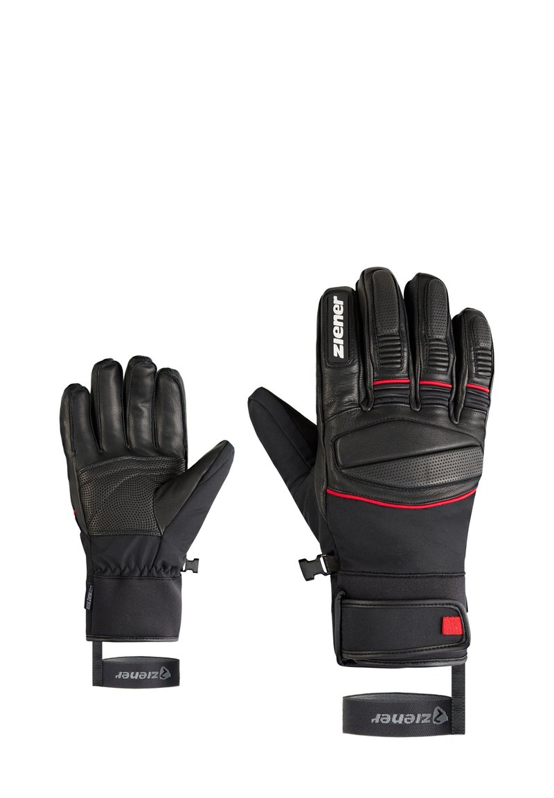 Black winter gloves with leather palm and textured accents. Features a red stripe, adjustable cuffs, and reinforced padding on backhand.