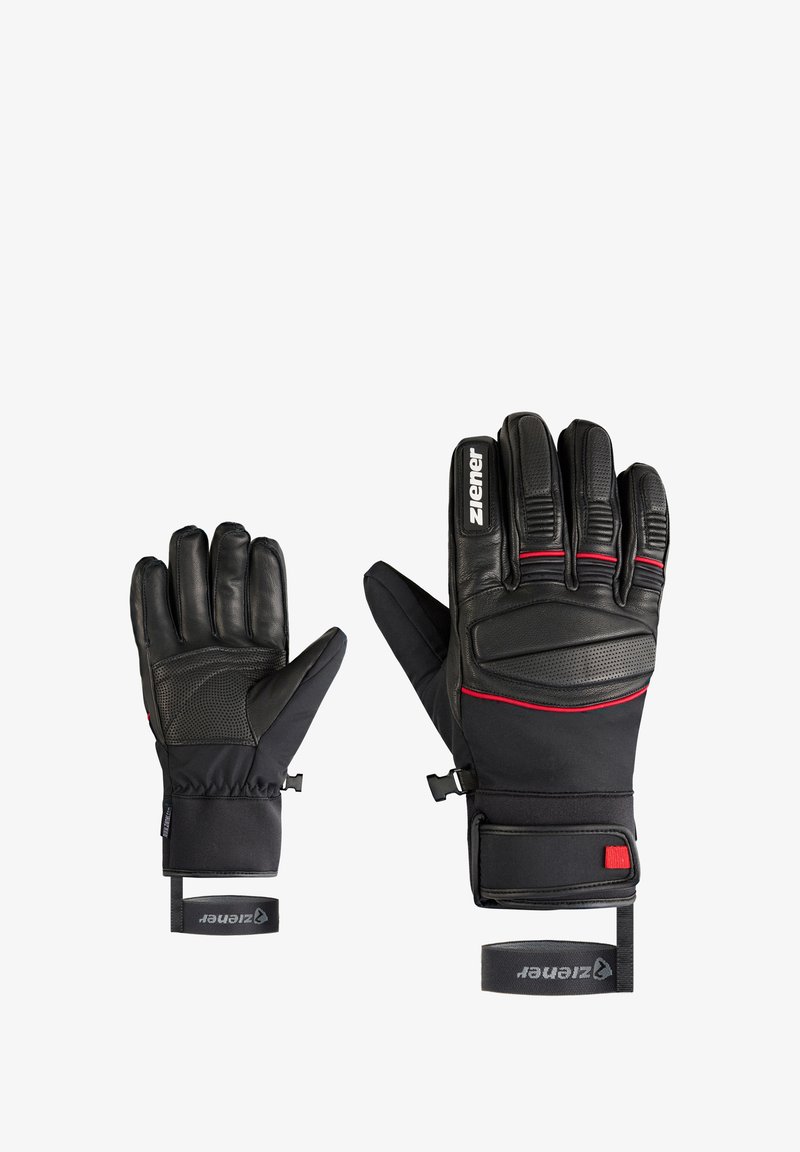 Black winter gloves with leather palm and textured accents. Features a red stripe, adjustable cuffs, and reinforced padding on backhand.