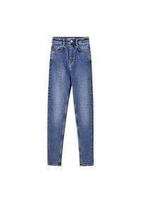 Jean skinny taille haute bleu avec bouton et fermeture éclair à l'avant, deux poches avant et deux poches arrière, avec des détails délavés sur les jambes.