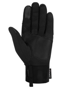 Schwarze Handschuhe mit einem strukturierten Stoffrücken und einem Leder-Handflächenteil. Beinhaltet einen verstärkten Bereich an der Handfläche und ein sicheres Handgelenkbündchen mit Branding.