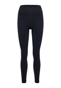 Zwarte leggings van rekbare stof, met een hoge tailleband en een zachte textuur, met een getailleerd ontwerp dat taps toeloopt bij de enkels.