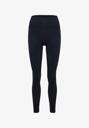 Zwarte leggings van rekbare stof, met een hoge tailleband en een zachte textuur, met een getailleerd ontwerp dat taps toeloopt bij de enkels.