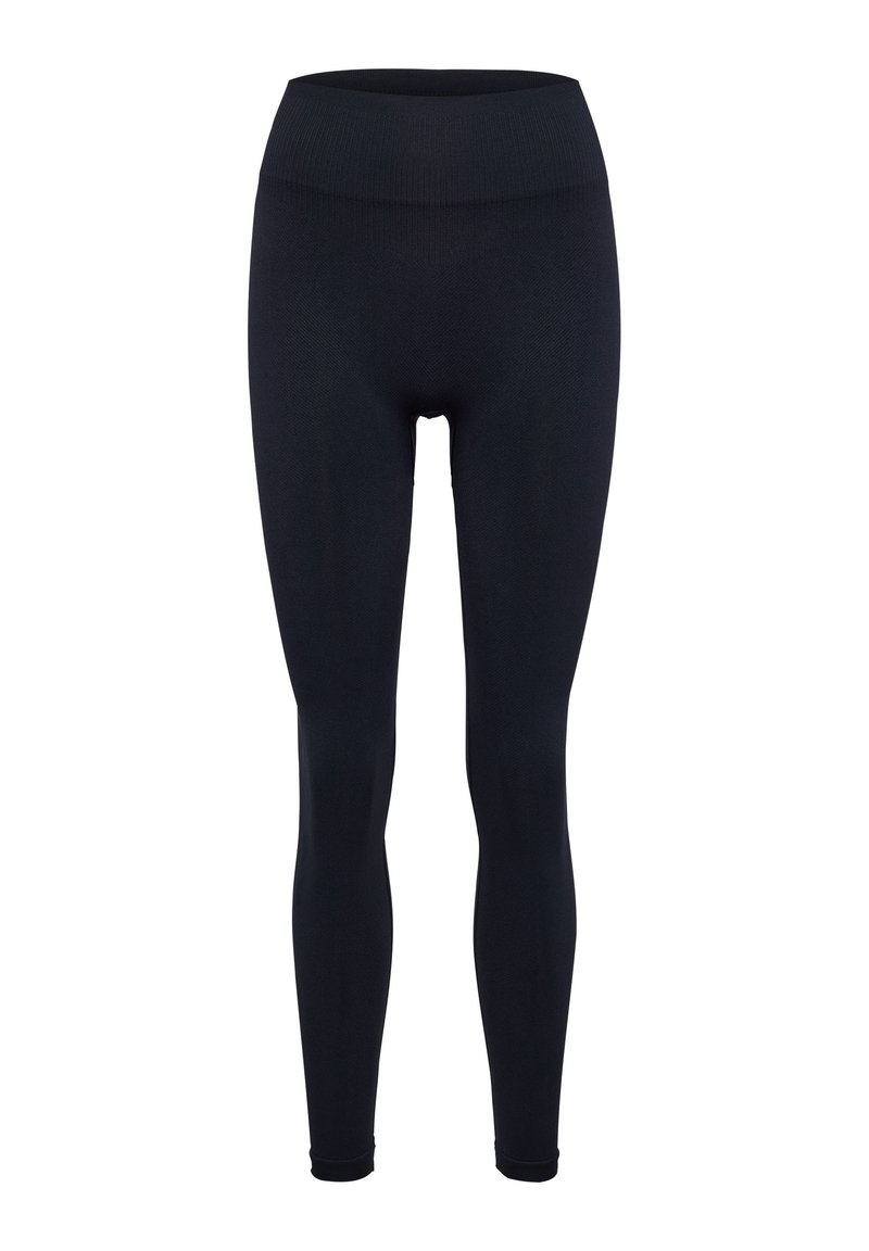 Zwarte leggings van rekbare stof, met een hoge tailleband en een zachte textuur, met een getailleerd ontwerp dat taps toeloopt bij de enkels.