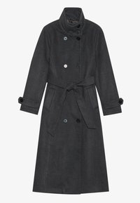 Dark gray wool coat with a high collar, double-breasted design, button accents, a tie belt, and side pockets. Smooth texture and tailored shape.