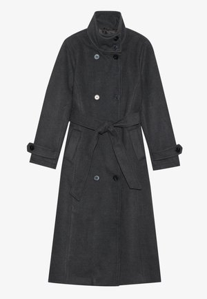 Dark gray wool coat with a high collar, double-breasted design, button accents, a tie belt, and side pockets. Smooth texture and tailored shape.