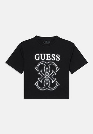 Crna kratka majica s bijelim tekstom "GUESS" i isprepletenim dvostrukim logotipom G na sredini sprijeda.
