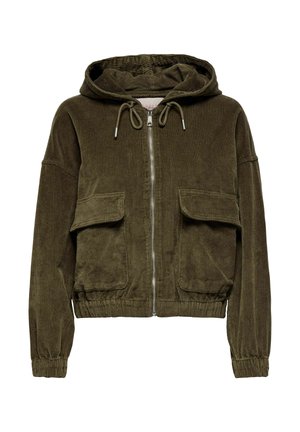 Hoodie z zippem z kordurowej tkaniny w oliwkowym kolorze, z kapturem, dwoma przednimi kieszeniami, elastycznymi mankietami i dołem. Miękka tekstura z paskowym wzorem.
