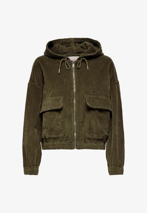 Karamellzipperhoodie i olivgrön med huva, två framfickor, elastiska muddar och nederkant. Mjuk textur med randigt mönster.