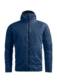 Navy insulated jacket with a zip closure, hood, and diagonal quilting pattern. Features black trim and a logo on the front.